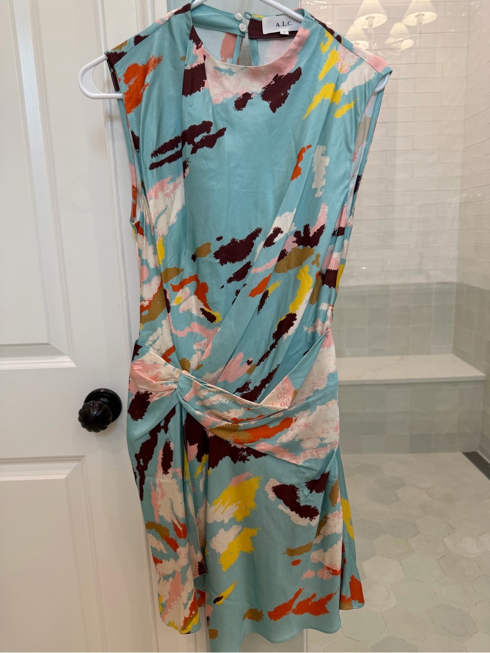 A.L.C. Aqua Multi Abstract Twist-Waist Sleeveless Dress